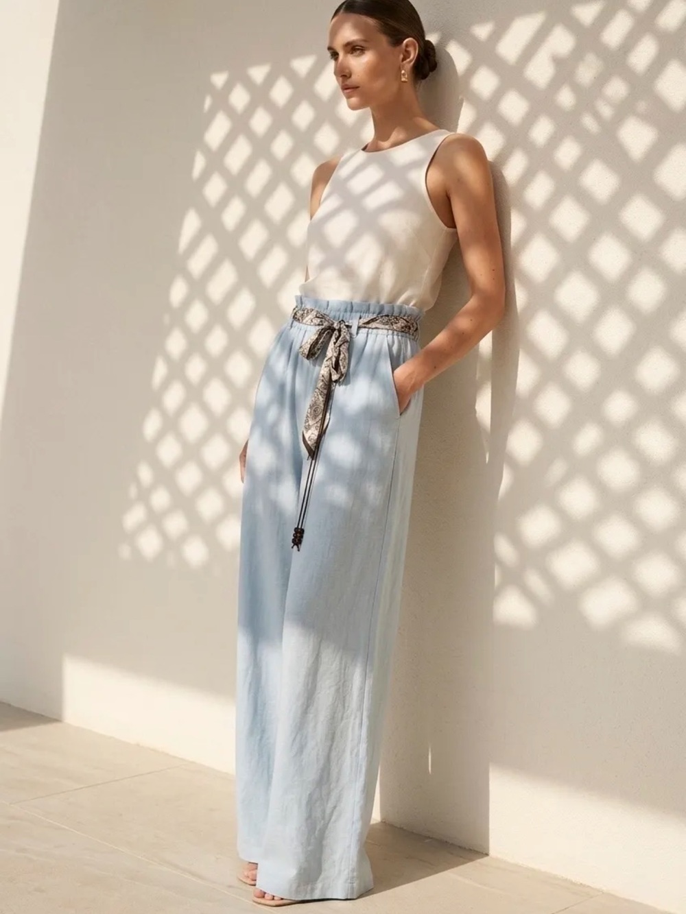 FROM PARIS FRANCE 🇫🇷 Light Blue Wide-Leg Linen Blend Pants with Tie Waist